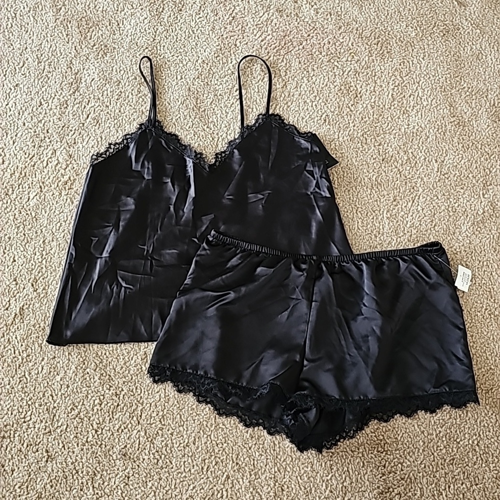 Satin Black Lace Trim Cami Shorts Pajama Set Medium